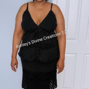 Handmade Crocheted Black & Metallic Shimmer Gold Women's High Low Skirt And Top